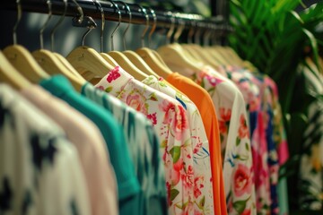 A row of colorful shirts hanging on a rack. Suitable for fashion and clothing-related projects