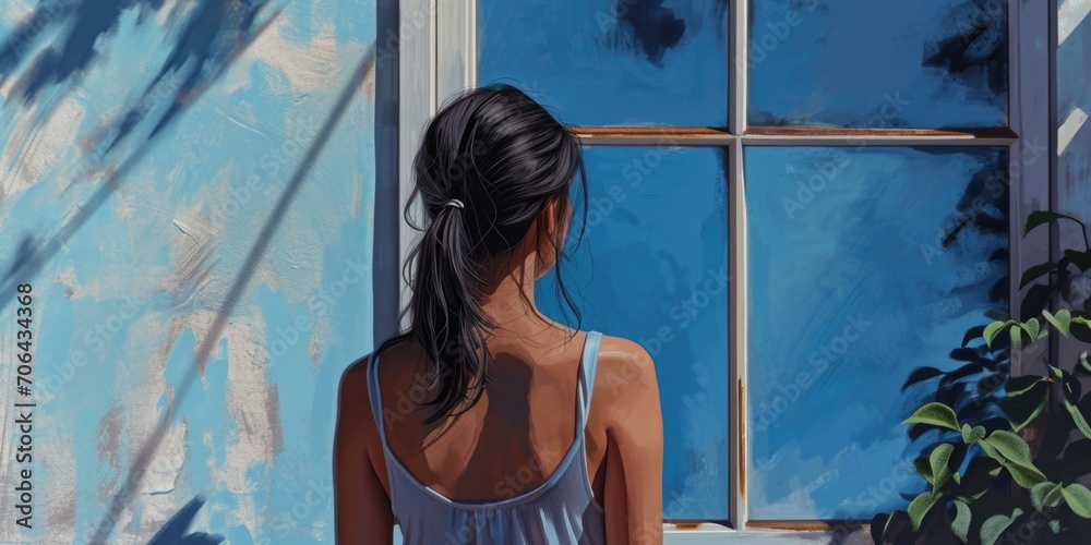 Aufkleber a painting of a woman gazing out of a window. perfect for adding a touch of contemplation and sereni