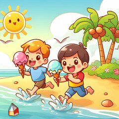 Obraz na płótnie Canvas Enjoying Ice Cream, Walking in the Cool Water