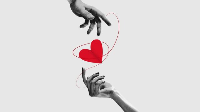 Connected wit love. Male and female ands holding heart. Stop motion, animation. Minimalism. Concept of Valentine's Day, holiday, 14th of February. Template for ads, postcard, invitation, poster