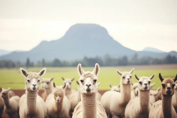 Fotobehang llama herd near mountain backdrop © Natalia