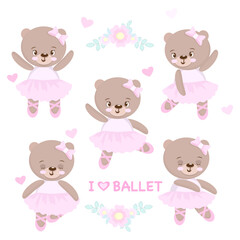 Teddy bear set, collection. Cute baby bear girl. Animal ballet. Ballerina bear. Vector illustration isolated on white background. Greeting card, poster, print. Baby shower invitation