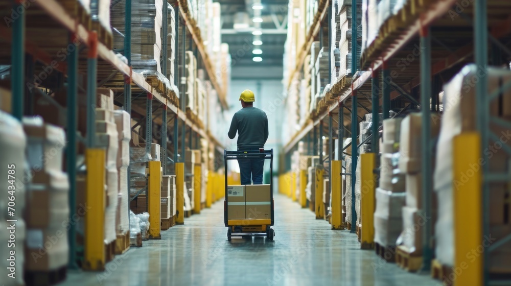 Poster A man is pictured with a cart in a warehouse. This image can be used to illustrate concepts related to transportation, logistics, and storage