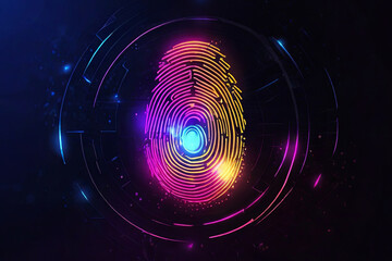 Neon fingerprint glow. Biometrics identification and cybersecurity concept on a dark background. Futuristic technology visual.