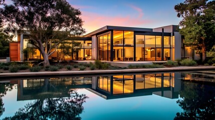 Panorama of a luxury modern house with swimming pool and beautiful sunset