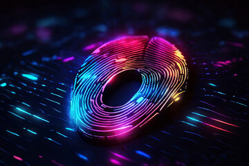 Neon fingerprint glow. Biometrics identification and cybersecurity concept on a dark background. Futuristic technology visual.