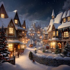 Christmas and New Year night in a snowy village, 3d render