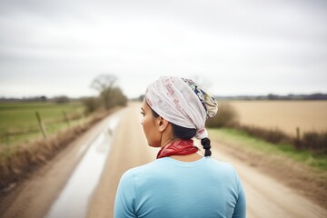cyclist with a headscarf riding away on a rural road - obrazy, fototapety, plakaty
