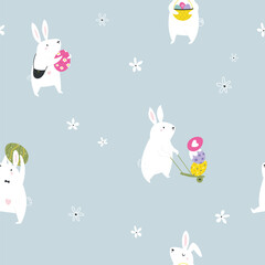 Easter seamless pattern with funny, cute rabbits