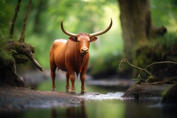 single ox standing in shallow forest creek - obrazy, fototapety, plakaty