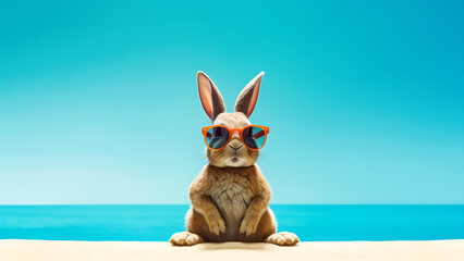 Happy Easter. Easter bunny on the beach, wearing sun hat and glasses.	