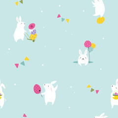 Easter seamless pattern with funny, cute rabbits