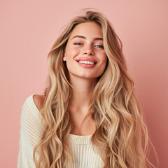 Fototapeta premium Young, Radiant Blonde Woman with Enchanting Smile on a Vibrant Background - Perfect for Promoting Skincare and Beauty Products - Generative AI