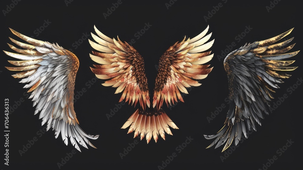 Poster Pair of gold and silver wings on a black background. Suitable for various design projects