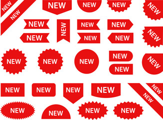 New Red Label collection. Sale tags. Shopping Tags. Sale icons Discount red ribbons, banners and icons. Stickers for New Arrival shop product tags, new labels or sale badges and banners vector sticker