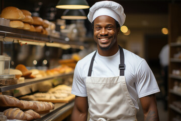 happy black baker man in a white apron and a white chef's hat on his head on the background of a bread counter - obrazy, fototapety, plakaty