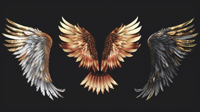 Pair of gold and silver wings on a black background. Suitable for various design projects