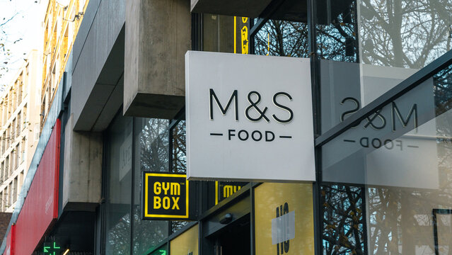 M&S Food sign outside a store in the city of London, London UK, 12 December 2023	
