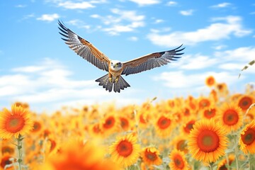 Naklejka premium single red kite hovering over sunflower field