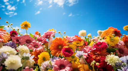 Fototapeta na wymiar Beautiful flowers composition with orange and red flowers on blue sky background, floral background. Copy space