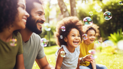 Happy mixed race Family with children blow soap bubbles outdoor - obrazy, fototapety, plakaty