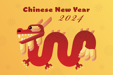 Chinese New Year 2024. Dragon. Vector background, card, postcard, banner. Lettering, illustration. Design in traditional red and yellow colors.