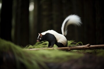 skunk with tail raised near darkened forest edge - obrazy, fototapety, plakaty