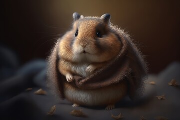 Cute hamster wrapped in a warm blanket.