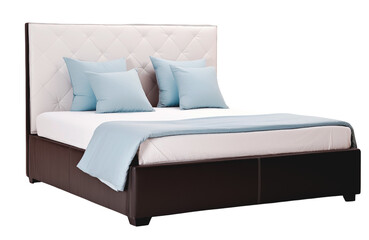 Modern classic bed with blue linens. Side view from an angle. Isolated on a transparent background.