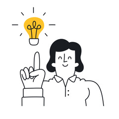 Fototapeta na wymiar Innovative Idea Realization - Woman with a Light Bulb. Doodle style with an editable strike.