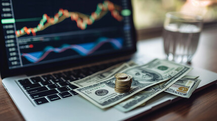 Navigate the financial landscape as dollar bills lay beside a laptop displaying a dynamic stock market chart graph. Ai generated - obrazy, fototapety, plakaty