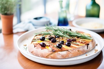 artisan sourdough bread with olives and rosemary on top - obrazy, fototapety, plakaty