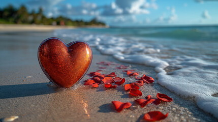 Fototapeta premium Romantic Red Heart on Sandy Beach