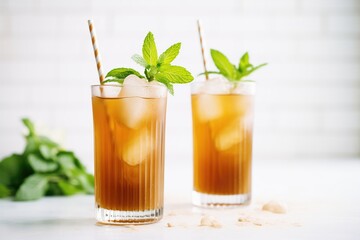 iced tea in tall glasses with mint leaves and straws - obrazy, fototapety, plakaty