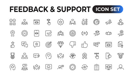 Fototapeta na wymiar Feedback and Support - Outline Icon Collection. Thin Line Set contains such Icons as Online Help, Helpdesk, Quick Response, Feedback and more. Simple web icons set.