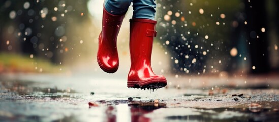 Child in red rain boots jumping into a puddle with polka dot umbrella.