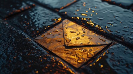 A wet sidewalk with a yellow triangle. This image can be used to depict caution, danger, or a warning sign on a rainy day