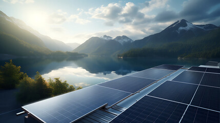Solar panels installed in a beautiful remote area with mountains and lakes. Using modern technology in a beautiful natural