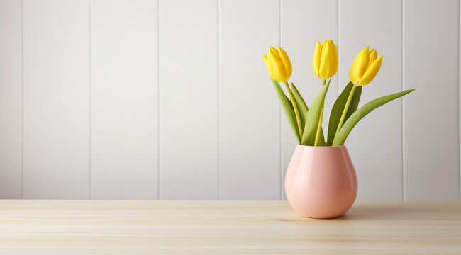 Yellow tulips in vase on wooden background