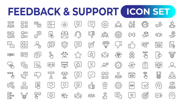 Feedback and Support - Outline Icon Collection. Thin Line Set contains such Icons as Online Help, Helpdesk, Quick Response, Feedback and more. Simple web icons set.
