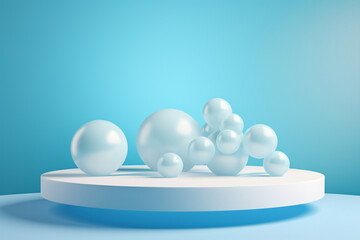 3D Realistic Air Bubble Spheres on Podium with Blue and Aqua Background