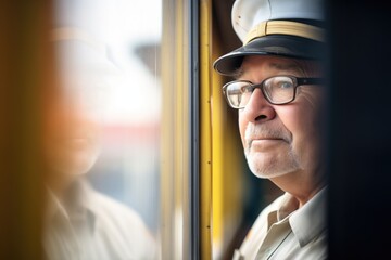 train conductor looking out from the cabin window - obrazy, fototapety, plakaty