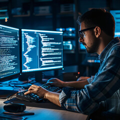 Focused Man with Glasses Engaged in Concentrated Work, Contemplating Thoughtfully While Absorbed in Screen Activity - A Captivating Glimpse into Dedication and Contemplation - Generative AI