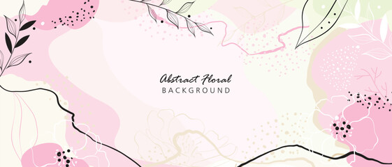 Abstract flower art frame background vector. Luxury minimal style wallpaper with golden line art flower and botanical leaves, Organic shapes, Watercolor. Vector background illustration.