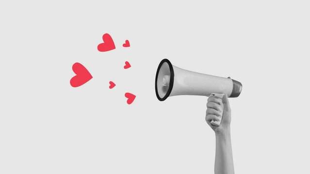 It is love time. Female hand with megaphone and heart symbols. Stop motion, animation. Concept of Valentine's Day, holiday, love, 14th of February. Template for ads, postcard, invitation, poster