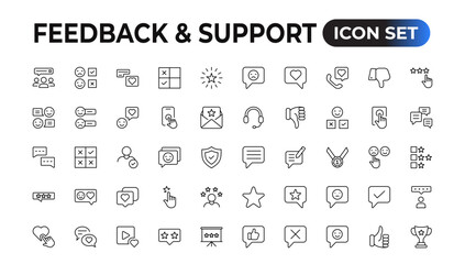 Feedback and Support - Outline Icon Collection. Thin Line Set contains such Icons as Online Help, Helpdesk, Quick Response, Feedback and more. Simple icons set.