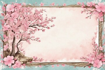 sakura bloom strokes, delicate frame, vibrant strains, note paper, rustic shabby chic, framework for cards, greetings and invitations
