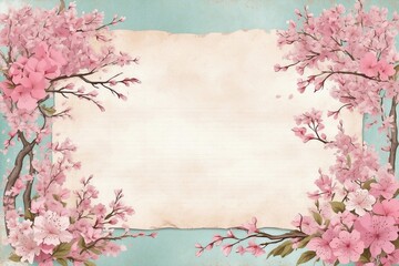 floral watercolor frame, strong sakura hues, writing area, note paper, rustic shabby chic aesthetic, framework for cards, greetings and congratulation