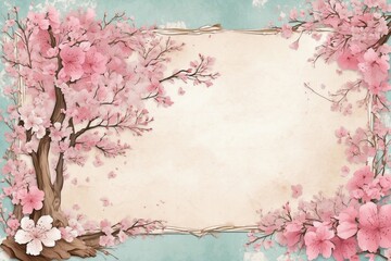 cherry blossom flower strains, frame for text, note paper, rustic shabby chic, framework for cards, greetings and congratulation