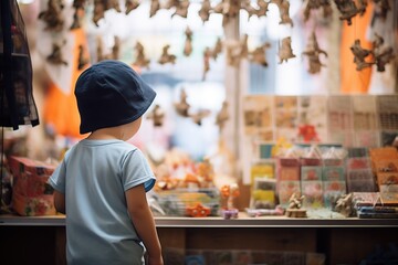 child looking at souvenirs in a local market - obrazy, fototapety, plakaty